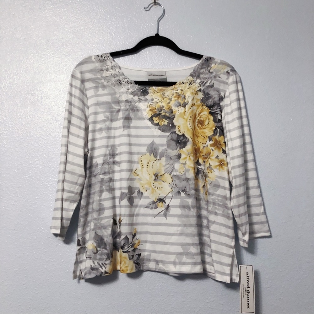NWT Alfred Dunner 3/4 Sleeve Rhinestone Floral Lace Striped Shirt